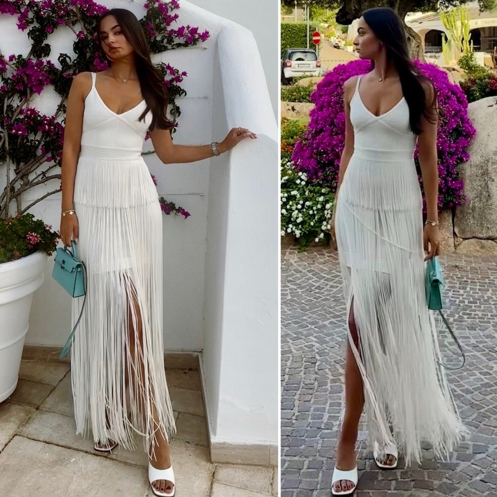 Herve Leger White Fringe Maxi Dress